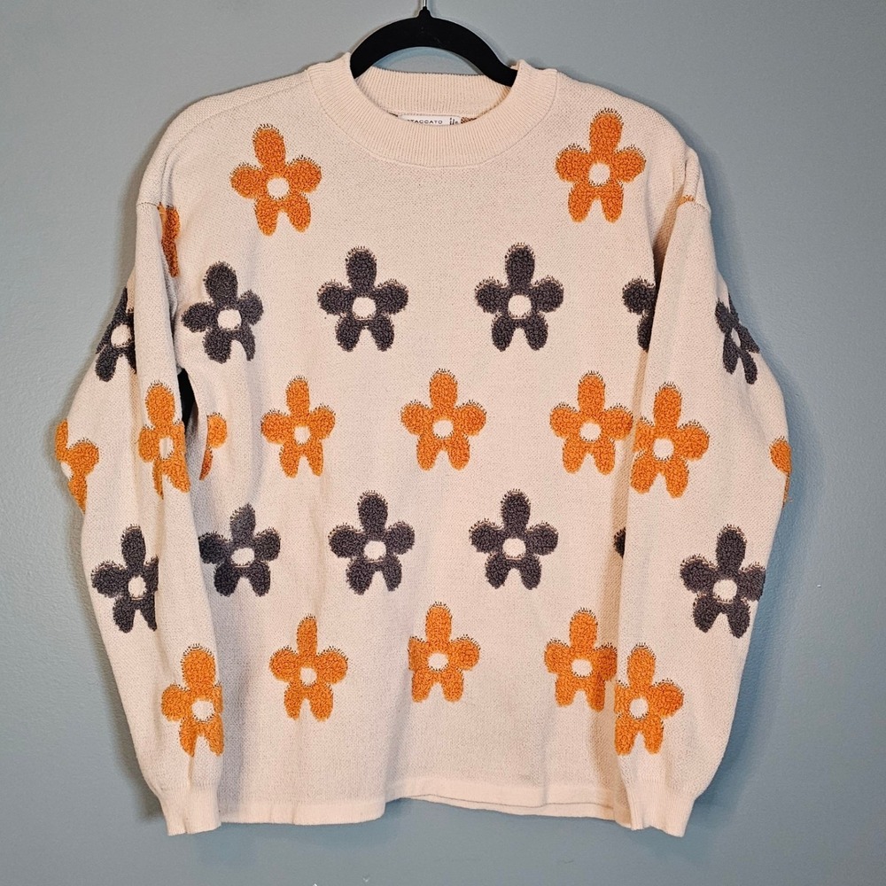 STACCATO Women's Cream‎ Floral Embroidered Crew Neck Sweater Size S